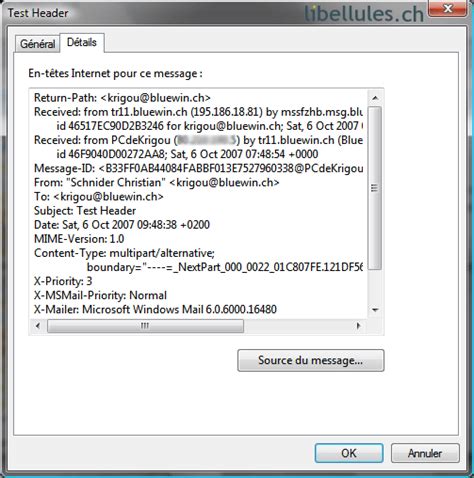 Windows Mail Affiche l en tête header d un message libellules ch