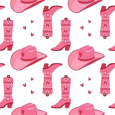 Lindo patrón rosa sin costuras con sombreros de vaquera retro y botas