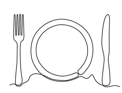 Premium Vector | Continuous line drawing closeup clean plate fork and spoon drawing by hand on a ...