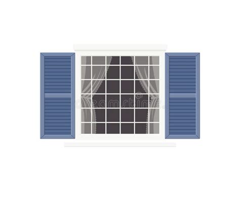 Cute White Vintage Window With Blue Shutters Stock Vector