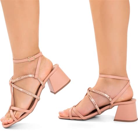 Sand Lia Feminina Confort Vel Salto Baixo Bloco Brilho Strass Hb Nude Lumiss