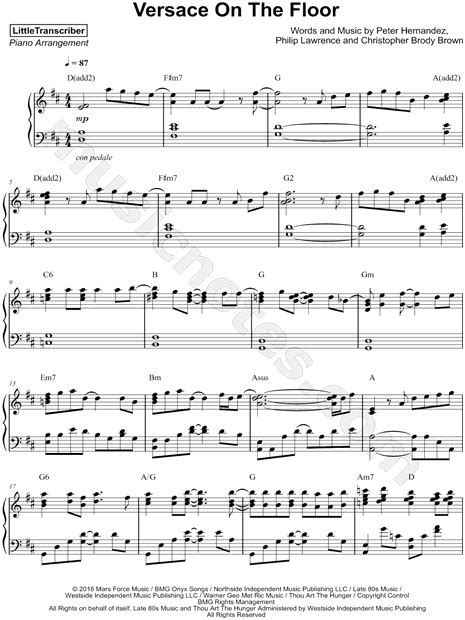 Littletranscriber Versace On The Floor Sheet Music Piano Solo In D Major Download And Print