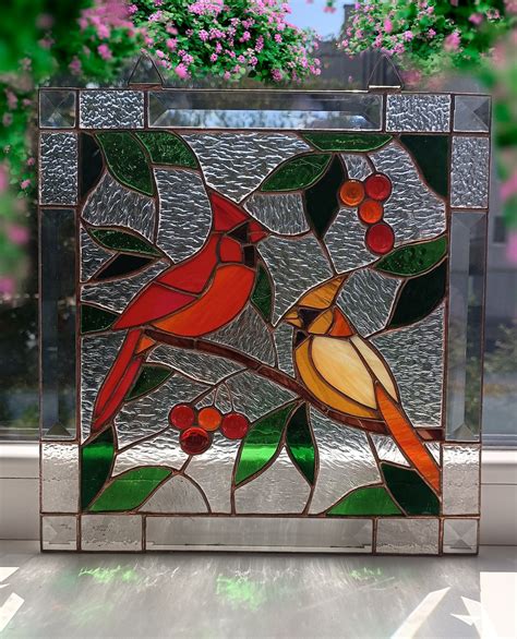 Cardinal Stained Glass Panel Cardinal Suncatcher Cardinal Memorial ...