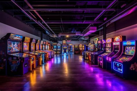 Une Salle Avec Une Rangée De Jeux D arcade Et Une Enseigne Au Néon Qui