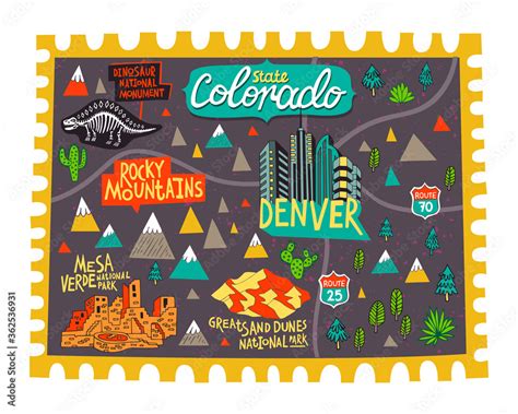 Illustrated map of Colorado, USA. Travel and attractions. Souvenir ...