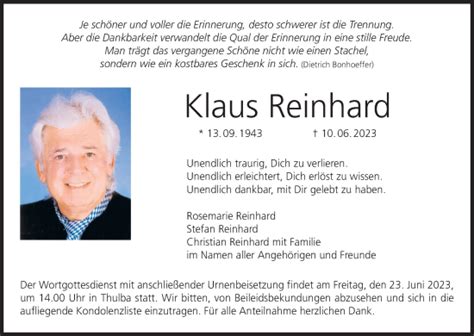 Klaus Reinhard Traueranzeige Trauer Infranken De