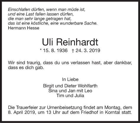 Traueranzeigen Von Uli Reinhardt Stuttgart Gedenkt De