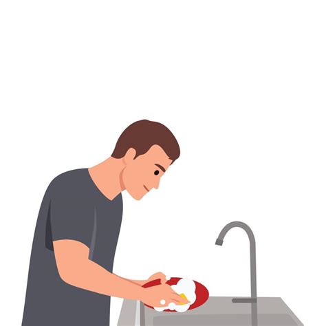 Washing dishes and housework concept. Young smiling man cartoon ...