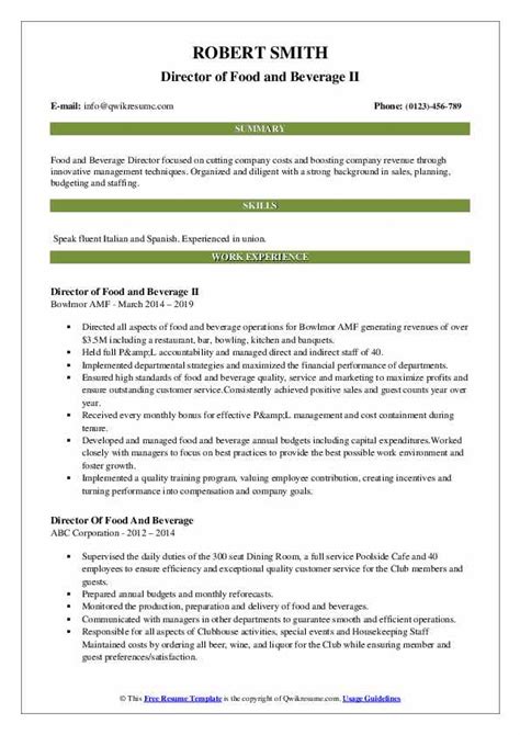 Director Of Food And Beverage Resume Samples Qwikresume