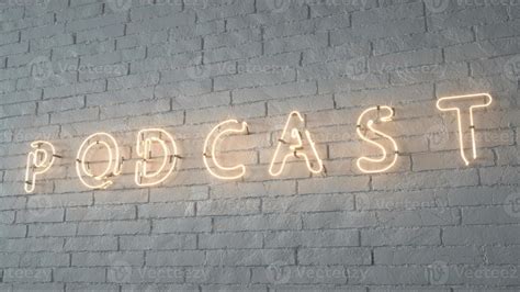 Podcast neon sign. Glowing podcast emblem on white brick wall background. 3d rendering 6067335 ...