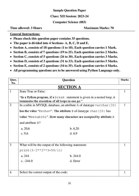 Cbse Class 12 Computer Science Sample Paper 2024 Pdf With Solutions Download Here