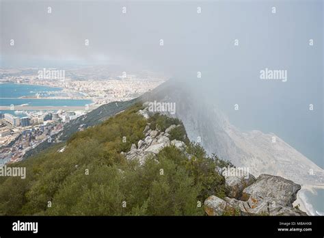 Aerial View Of Top Of Gibraltar Rock In Upper Rock Natural Reserve On The Left Gibraltar Town