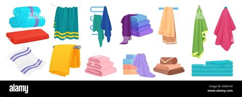 Cute Cartoon Folded Vector Towels For Bath Wide Panorama Set Vector