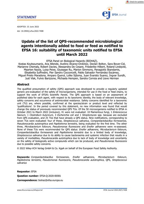 Pdf Update Of The List Of Qpsrecommended Microbiological Agents