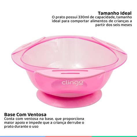 Prato Fundo Infantil Bordas De Silicone Ventosa 330ml Rosa Clingo