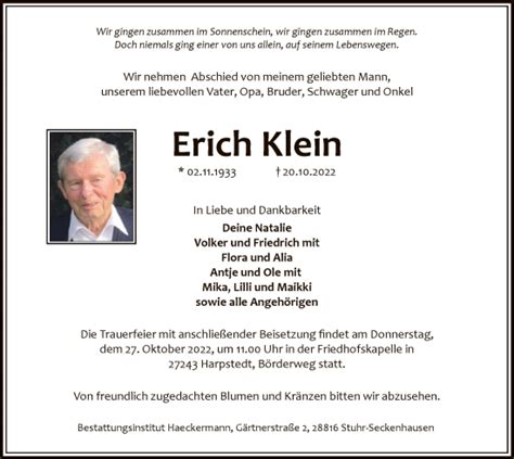 Traueranzeigen Von Erich Klein Trauer Kreiszeitung De