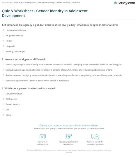 Quiz And Worksheet Gender Identity In Adolescent Development