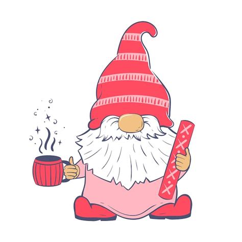 Premium Vector Cute Cartoon Gnome Holding A Book And Coffee In His Hands