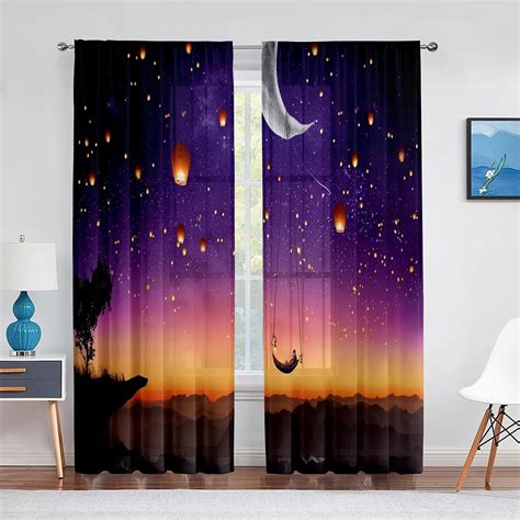 Fantasy Star Sky Meteor Moon Sheer Curtain For Living Room Bedroom Home Kitchen Chiffon Tulle