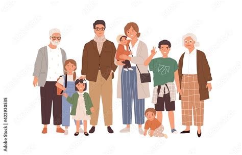 Portrait of big happy family with children, mother, father, grandfather and grandmother isolated ...