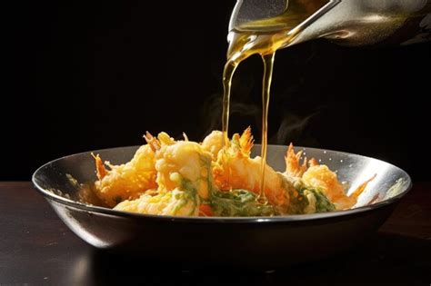 Premium AI Image Cooking Tempura Batter Dripping Into Hot Oil