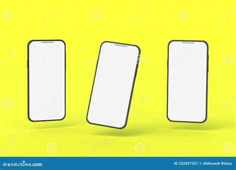 Three Smartphones With Isolated White Screen On Yellow Background Stock