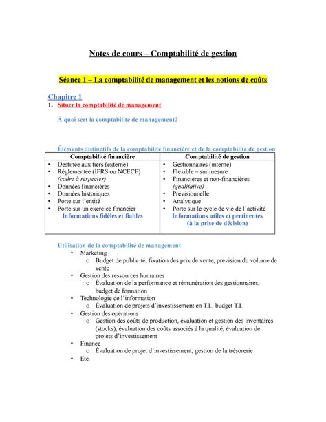 Notes de cours Comptabilité de gestion Notes de cours