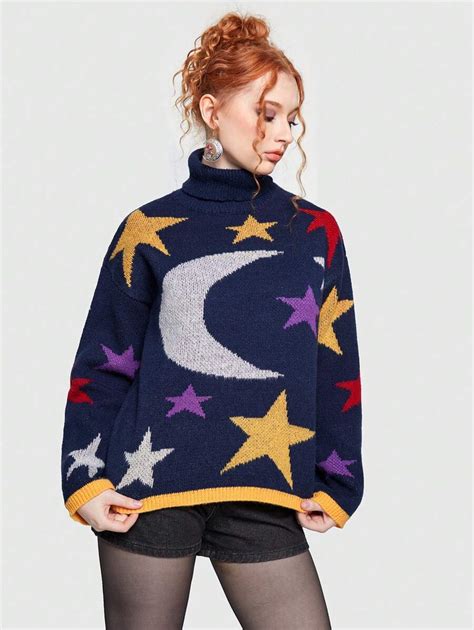 Romwe Hippie Star And Moon Pattern Turtleneck Drop Shoulder Sweater