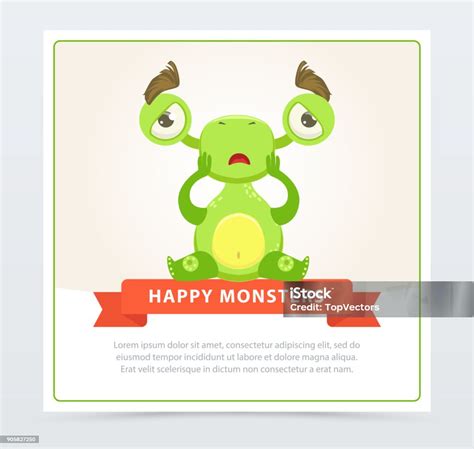 Lucu Sad Green Monster Duduk Di Lantai Happy Monsters Banner Elemen