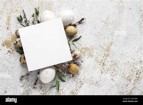 Beautiful Easter Composition With Blank Card Eggs Pussy Willow