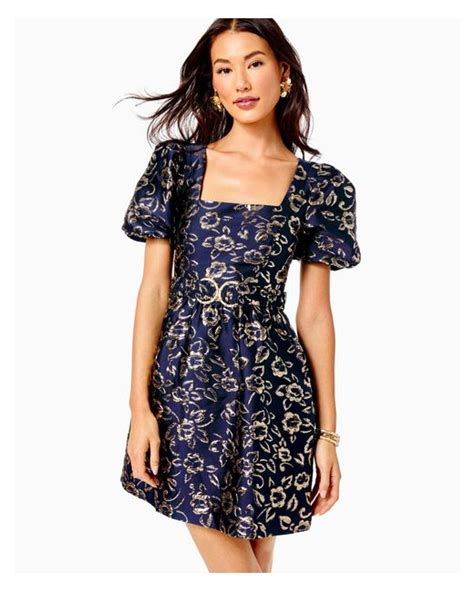 Lilly Pulitzer Women S Kasslyn Dress In Navy Blue Gold Puff Floral Brocade In Navy Blue Lyst