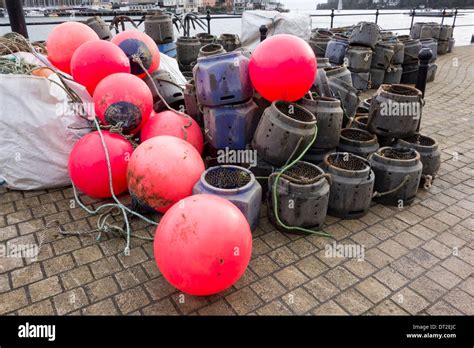 Lobster And Crab Pots And Red Fluorescent Buoys On Quayside Stock Photo