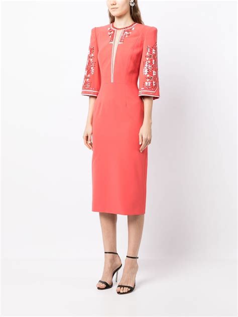 Jenny Packham Ava Three Quarter Sleeve Midi Dress In Pink ModeSens