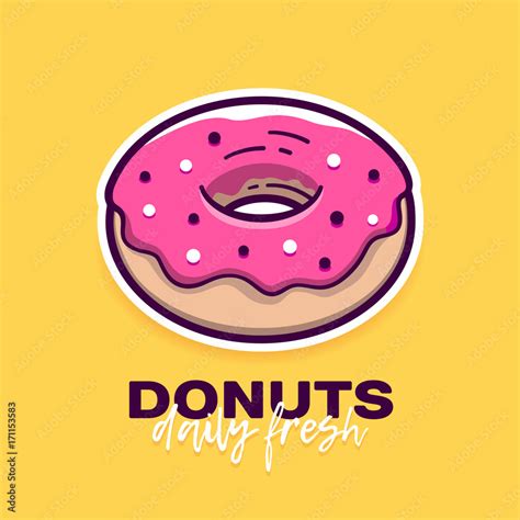 Donut With Pink Icing In Modern Flat Outline Style And Slogan Daily