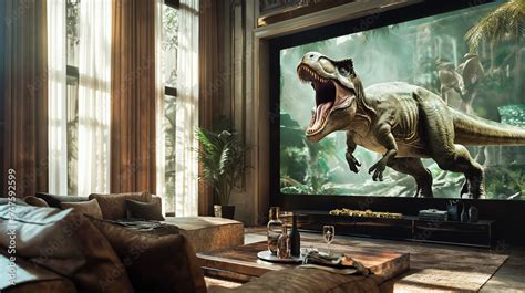 Home Theater Screen With 4k Hyper Realistic 3d Movie With A Dinosaur