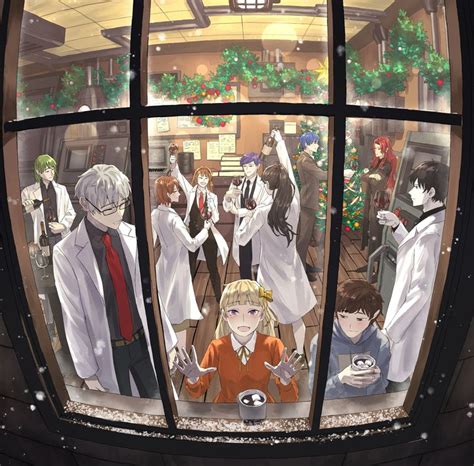 An Anime Scene With Many People Standing In Front Of A Window