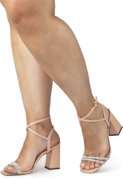 Sandália Feminina Salto Bloco Alto Grosso Lumiss Tiras Strass Brilho Confortável Nude Compre