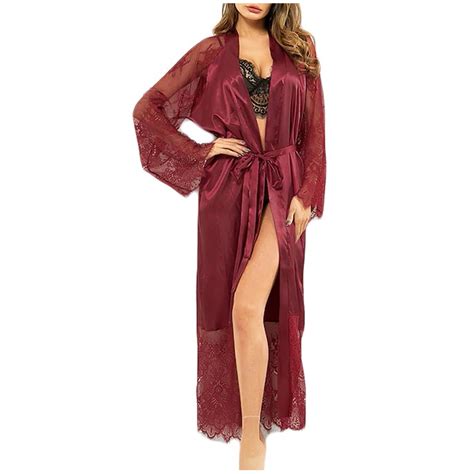 Muzefu Sexy Lace Robe For Women Women Sexy Silk Lace Satin Long Robe Bathrobe Lingerie Sleepwear