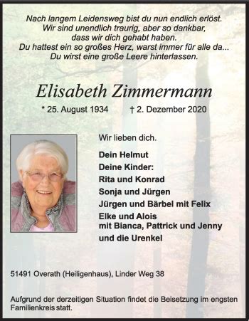 Traueranzeigen Von Elisabeth Zimmermann Wirtrauern