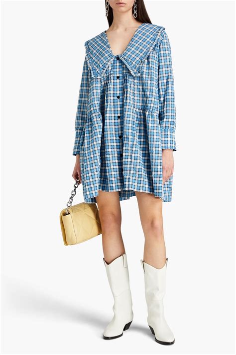 Ganni Checked Cotton Blend Seersucker Mini Shirt Dress The Outnet