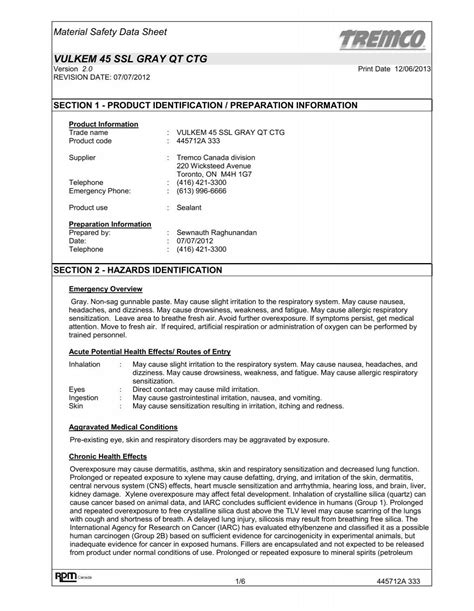 Vulkem Ssl Gray Msds Tremco Sealants