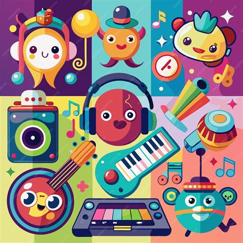 Coloridos Personajes Musicales E Instrumentos En Un Divertido Estilo De Dibujos Animados