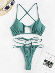 Zaful Solid Color Triangular Cut Out Thong String Bikini Swimwear In