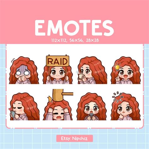 Cute Girl Red Curly Hair Emotes 8 Pack Chibi Girl Emotes For Streamer Brown Eyes Kawaii