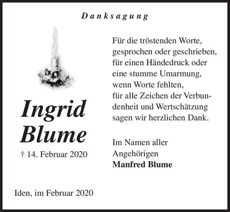 Traueranzeigen Von Ingrid Blume Abschied Nehmen De