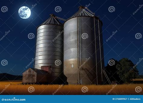 Moon Shining Down On Silo Filled With Harvest Moon Nights Stock