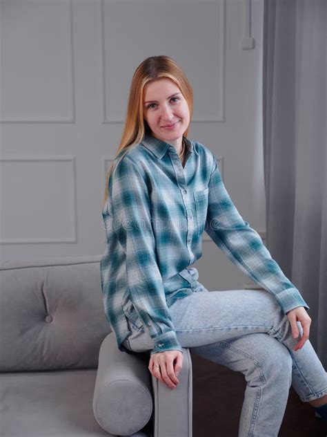 Beautiful Woman Blonde With Natural Makeup Wear Fashion Clothes Female Cozy Comfort Sitting