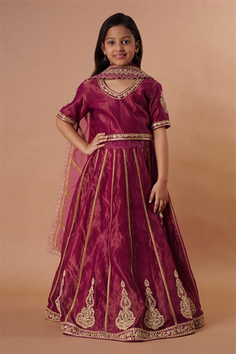 Buy Magenta Chanderi Handloom Silk Embroidery Dori Lehenga Set For