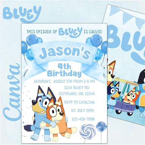 Bluey Editable Birthday Invitation Canva Template Bluey Kids Etsy