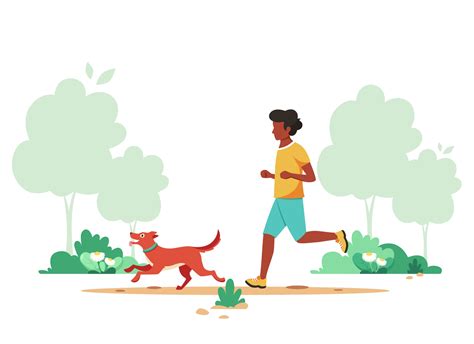 Black man jogging in spring park with dog. Outdoor activity, dog walking. Vector illustration ...